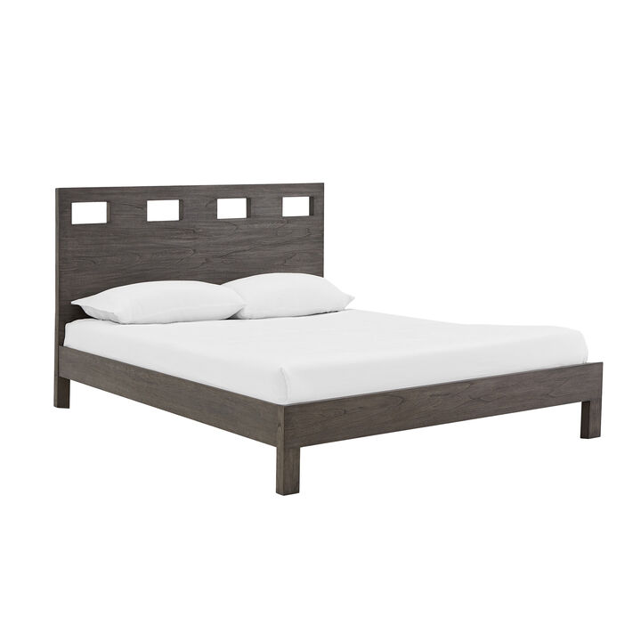 Yee Queen Bed, Gray Wood, 4 Side Drawers, Cut Out Headboard Design - Benzara