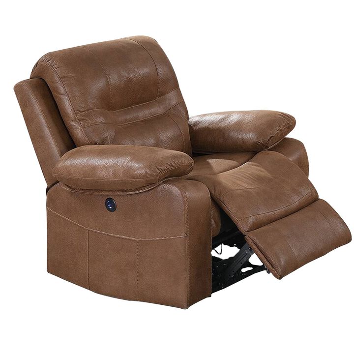 41 Inch leatherette Reclining Chair with USB Port, Brown - Benzara