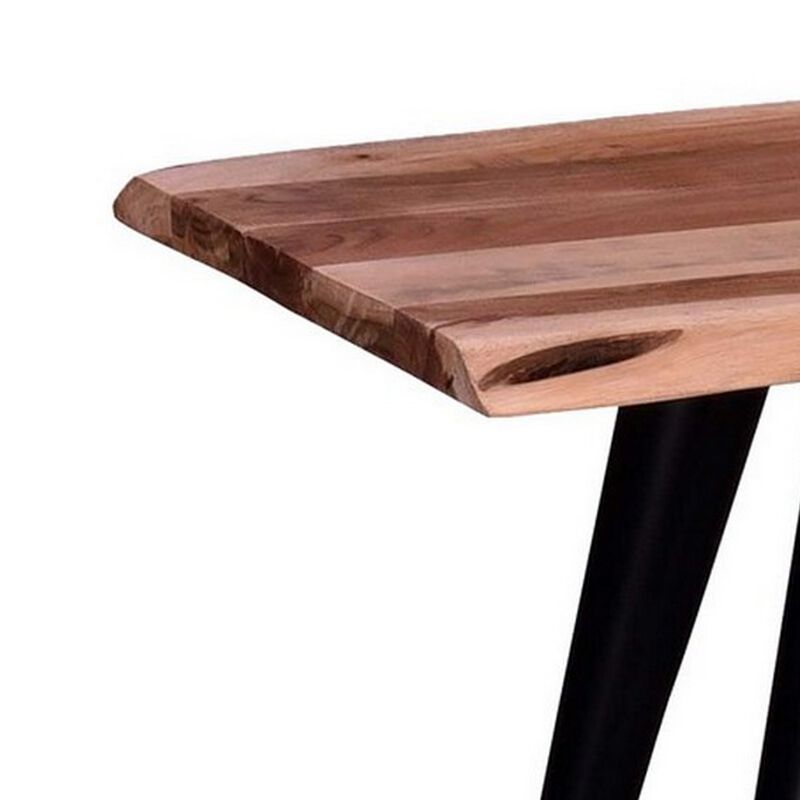 Zor 58 Inch Dining Bench, Live Edge Acacia Wood, Light Oak Brown, Black-Benzara