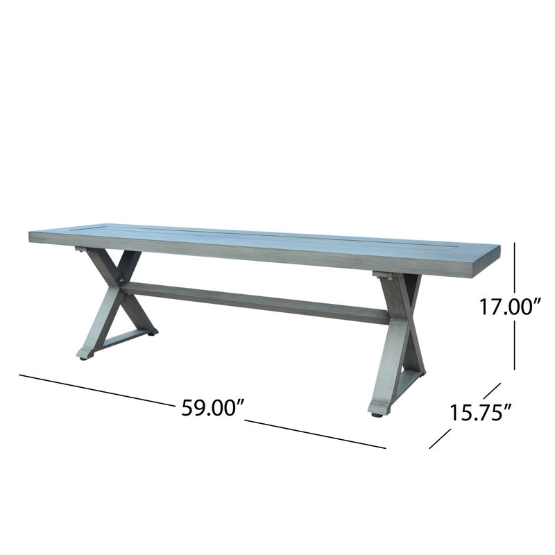 Jica Outdoor Dining Bench, X Shape Legs, Slatted Dark Gray Metal, 59 Inch - Benzara