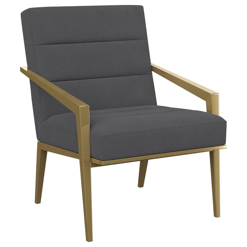 Kiara Accent Chair, Channel Tufted Dark Gray Fabric, Gold Metal Frame - Benzara