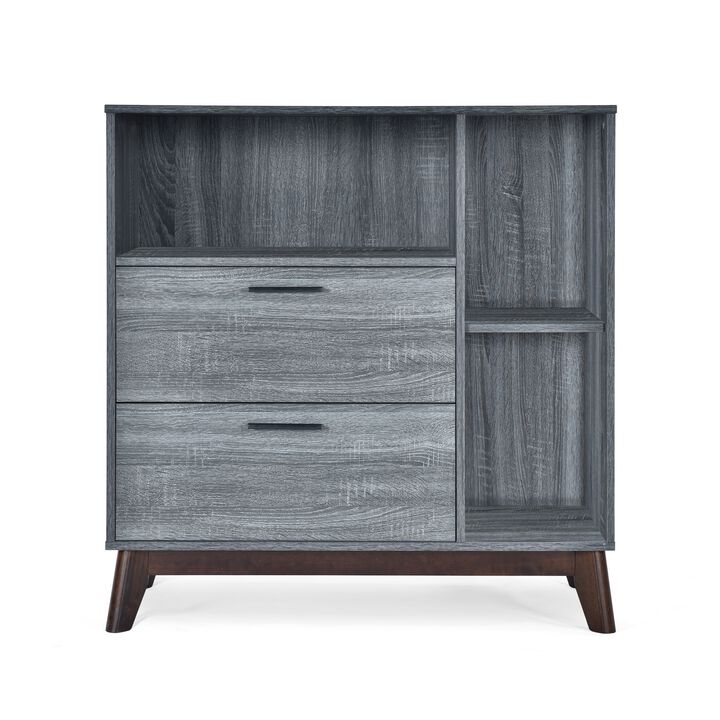 Side Cabinet, Open Square Shelves, 2 Drawer, 38 Inch Gray Faux Wood - Benzara