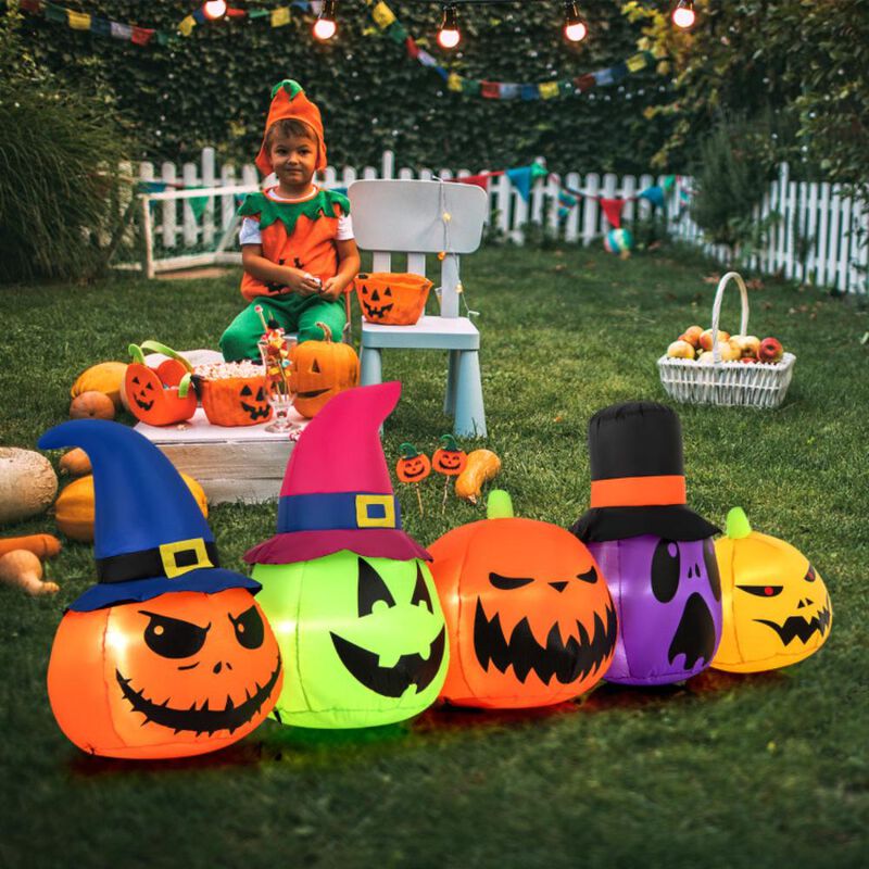 Hivvago 9 Feet Inflatable Pumpkin Patch Family with Built-in LED Lights and Witch Hats