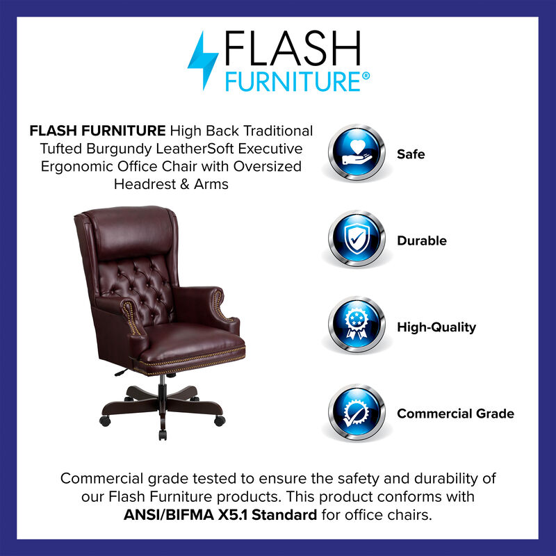 Ainslie High Back Traditional Tufted Brown LeatherSoft Executive Ergonomic Office Chair with Oversized Headrest & Nail Trim Arms