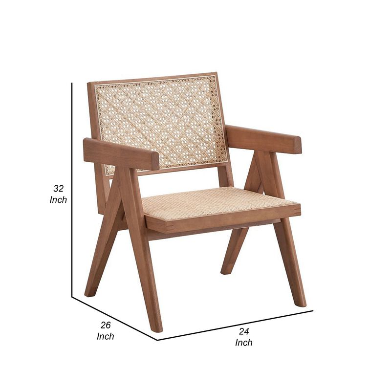 Tina 26 Inch Accent Armchair, Woven Rattan, Natural Brown Wood Finish - Benzara