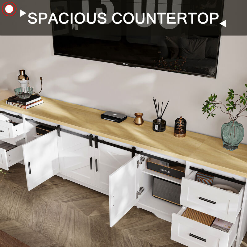 FUFU&GAGA Barn Door Style TV Cabinet with 4 Drawers and 2 Cabinets (94.5" W x 15.7" D x 23.6" H),White & Natural Wood