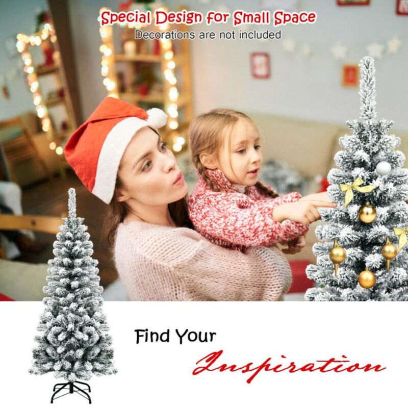Hivvago 4.5 Feet Unlit Hinged Snow Flocked Artificial Pencil Christmas Tree with 242 Branch