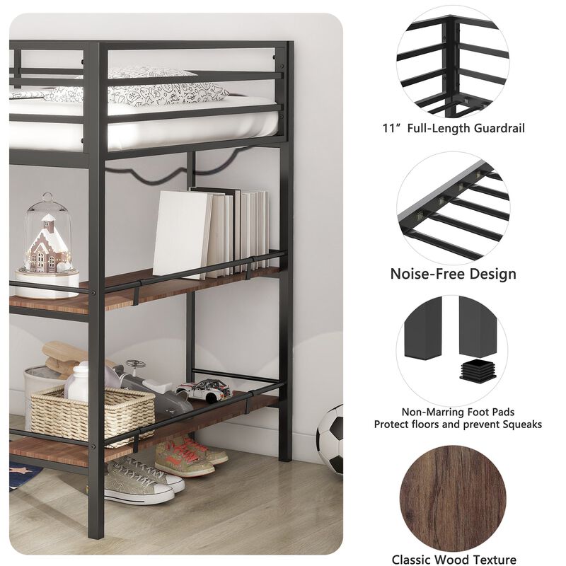 Junior Twin Loft Metal Bunk Bed Frame with Cinnamon Wood Shelf, Full-Length Guardrails, Anti-Noise Design, Easy Assembly, Black