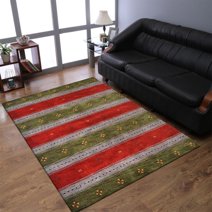 RUGSOTIC CARPETS HAND KNOTTED LOOM WOOL ECO-FRIENDLY AREA RUGS  - 5'x8', Rectangle, Green Blue Color, Contemporary Modern Design, High Pile Thick Handmade Anti Skid Rugs for Living Room (L00212)