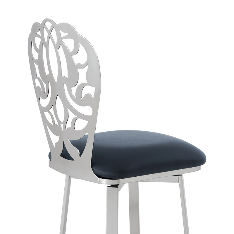 Cherie Contemporary Bar Height Barstool in Brushed Stainless Steel Finish and Gray Faux Leather