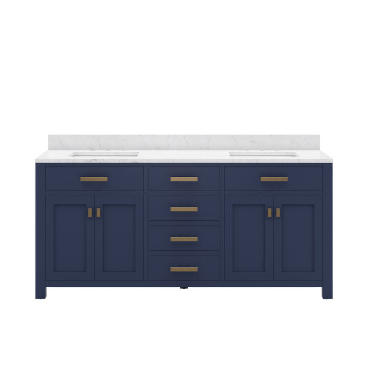 Madison 72 In. Double Sink Carrara White Marble Countertop Bath Vanity In Monarch Blue with Satin Gold Hardware