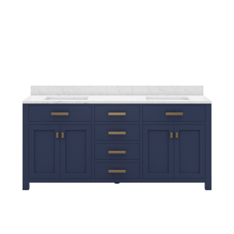 Madison 72 In. Double Sink Carrara White Marble Countertop Bath Vanity In Monarch Blue with Satin Gold Hardware
