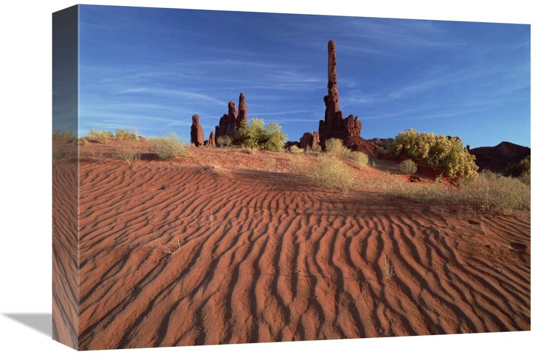 Totem pole and Yei Bi Chei with sand dunes, Monument Valley Navajo Tribal Park, Arizona-Canvas Art-16x12