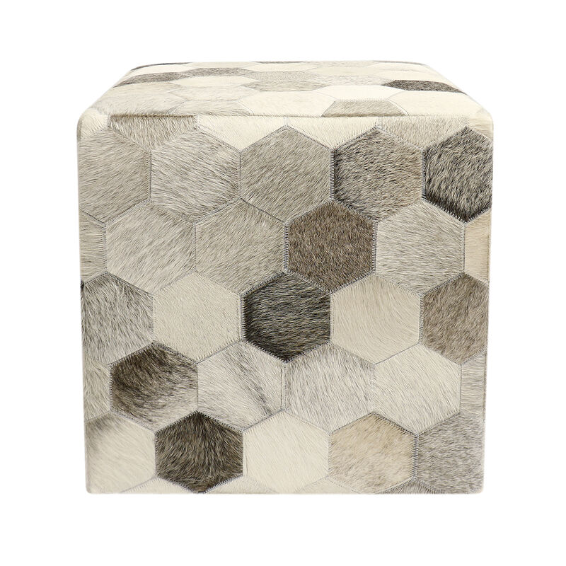 Pasargad Home Galaxy Cowhide Pouf Ottoman, Silver/Grey