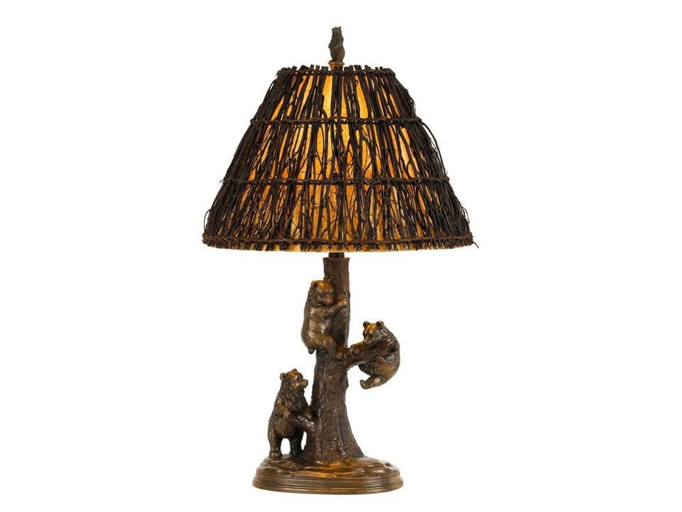 150 Watt Resin Body Table Lamp with Bear Design and Twig Shade, Bronze - Benzara