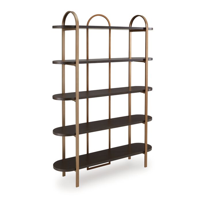 72 Inch Bookcase with 5 Ash Wood Storage Shelves, Retro Gold Frame - Benzara