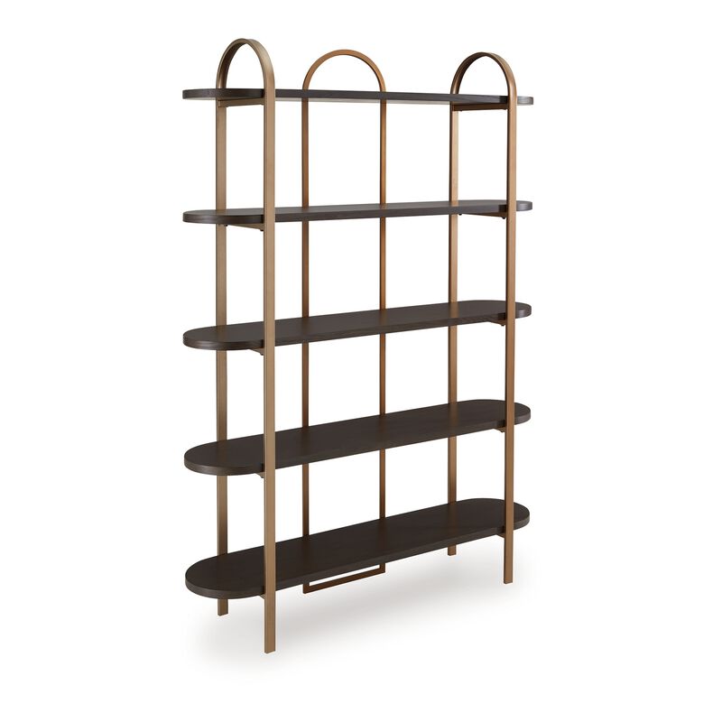 72 Inch Bookcase with 5 Ash Wood Storage Shelves, Retro Gold Frame - Benzara