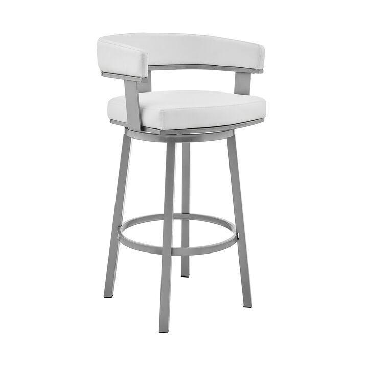 Jack 26 Inch Counter Height Bar Stool, Swivel Chair, Faux Leather, White-Benzara