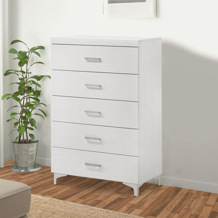 Chest with 5 Drawers and Wooden Frame, White - Benzara