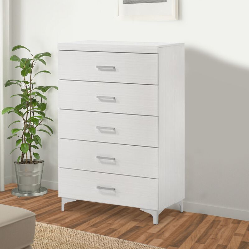 Chest with 5 Drawers and Wooden Frame, White - Benzara
