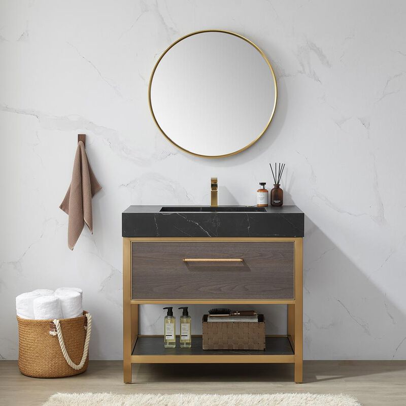 Vinnova Design Cascante 28 in. W x 28 in. H Round Metal Wall Mirror in Brushed Gold