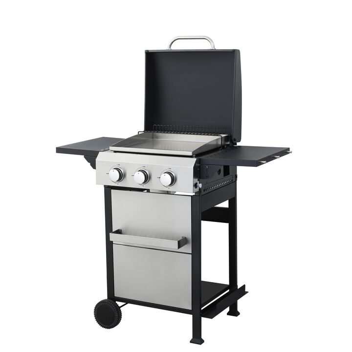 MONDAWE 3-Burner Propane Gas BBQ Grill, SS Plancha, 36900BTU Output With Wire Enamel Cooking Grids For Outdoor Barbecue, Foldable Side Table, Hanging Basket, Stainless Steel