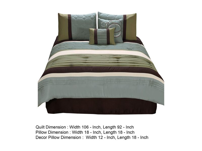 6 Piece King Comforter Set with Pleats and Embroidery, Green and Blue - Benzara
