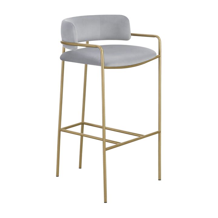 Lox 30 Inch Modern Barstool, Gray Padded Back and Seat, Gold Finish Metal-Benzara