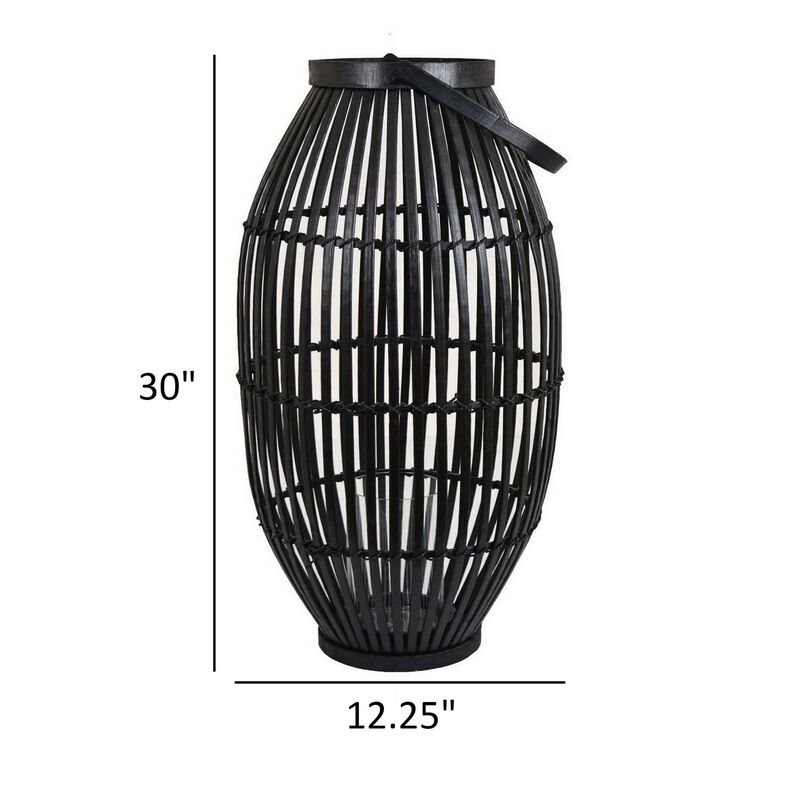 Gyna 30 Inch Modern Tabletop Lantern, Woven Cylindrical Decoration, Black - Benzara