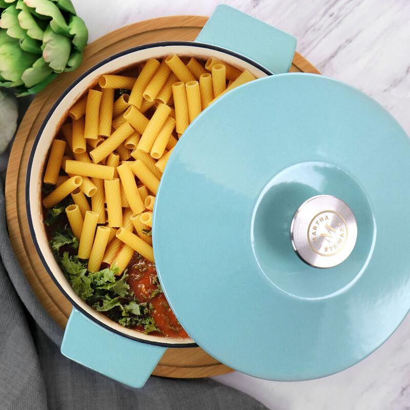 Martha Stewart Enameled Cast Iron 3 Quart  Embossed Stripe Dutch Oven with Lid in Turquoise