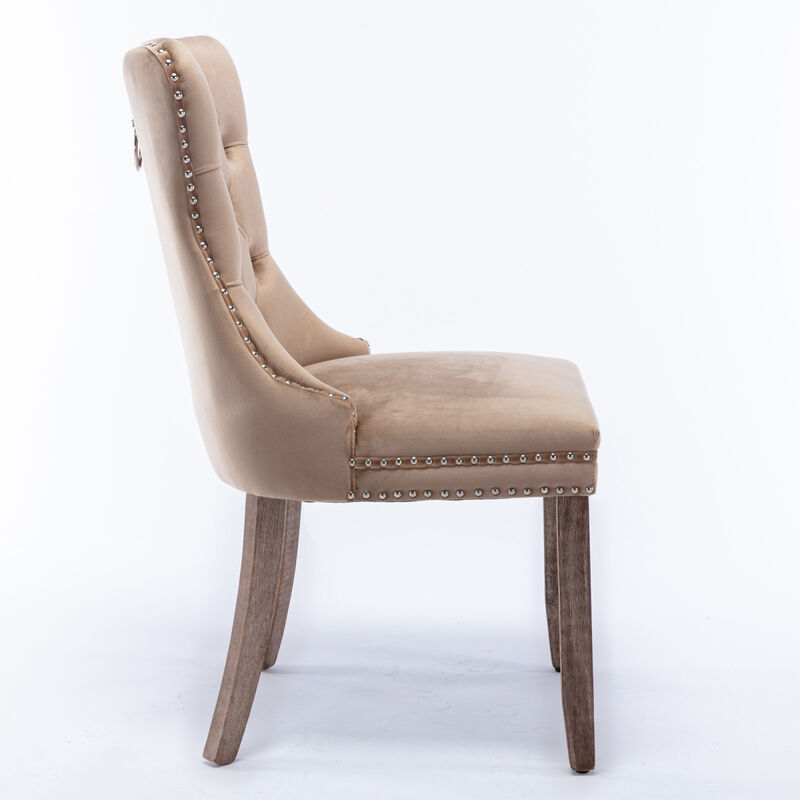 2 Pieces Set, Khaki Velvet Dining Chairs With Wood Legs