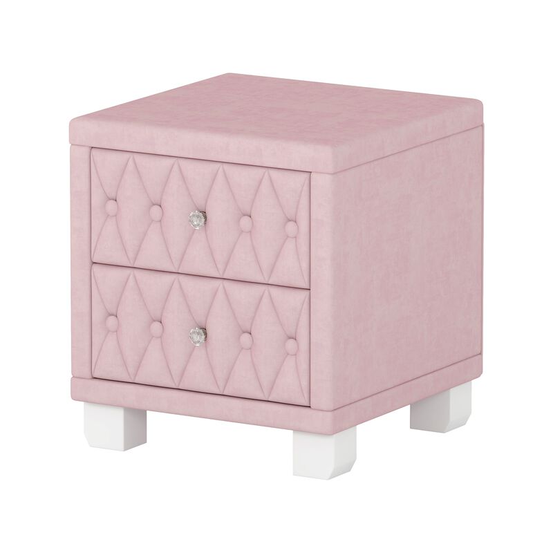 Elegant Velvet Nightstand with 2 Drawers and Crystal Handle, Storage Bedside Table with Button-Tufted