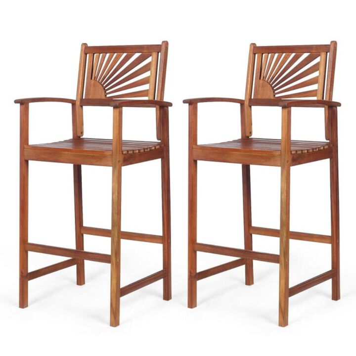Hivvago 2 Pieces Outdoor Acacia Wood Bar Chairs with Sunflower Backrest and Armrests