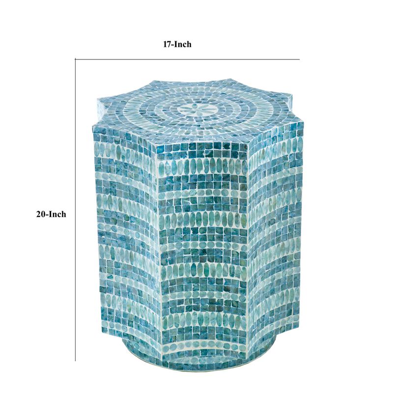 20 Inch Stool Table, Capiz Shell Inlay, Floral Geometric Design, Turquoise - Benzara