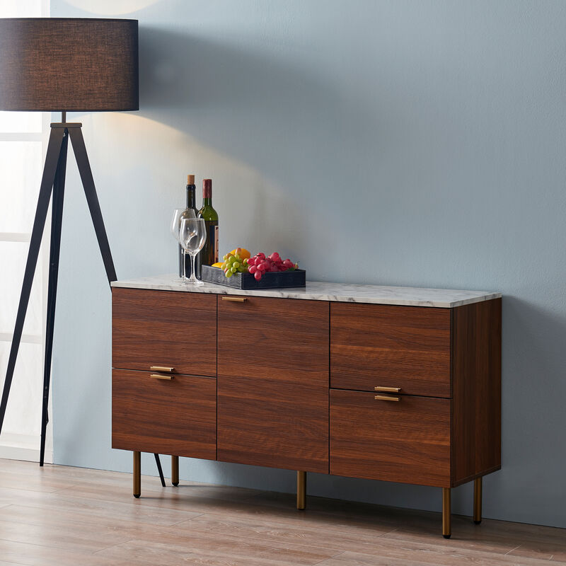 Teamson Home Ashton Rectangular Wood Sideboard with Marble-Look Top and Metal Legs
