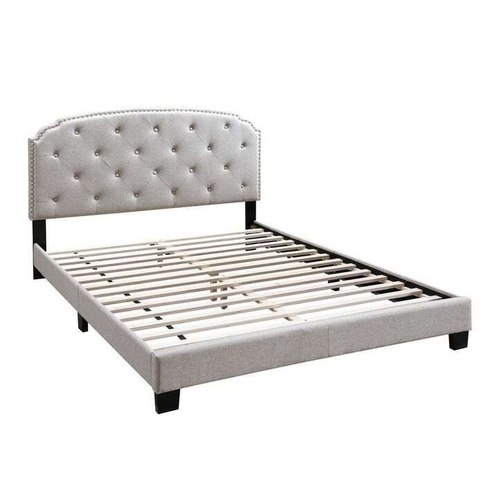 Queen Bed with Button Tufted Scalloped Headboard, Light Brown-Benzara