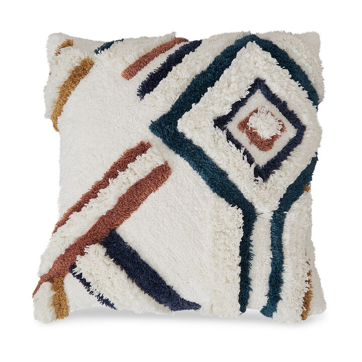 Square Accent Throw Pillow, 20 Inch, Handwoven Abstract Design, White - Benzara