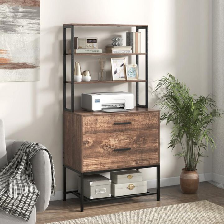 Hivvago Freestanding File Cabinet with Charging Station and 3-Tier Open Shelves