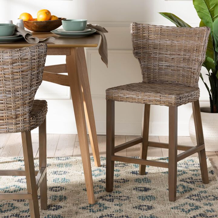Bali & Pari Enver Modern Bohemian Grey Kubu Rattan And Mahogany Wood Counter Stool