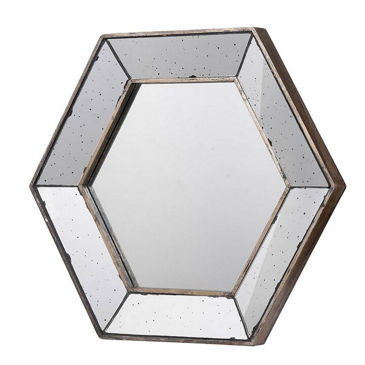 Filo 21 Inch Wall Accent Mirror, Raised Tray Edges, Hexagonal Mirror Frame-Benzara