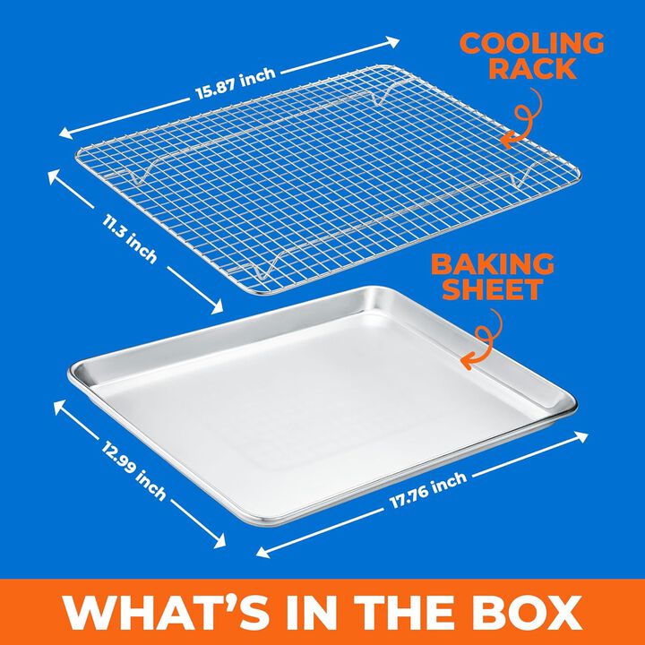 Baking Pan Set - 13" x 18" Aluminum Baking Pan with Stainless Steel Cooling Rack Set, PFOA, PFOS, PTFE Free, Recipe Booklet Included, Oven Safe Tray, Resist Heat Up To 500° F, Set of 2