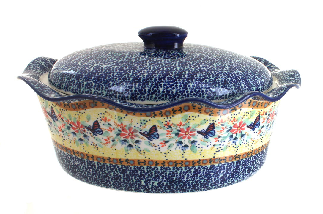 Blue Rose Polish Pottery Tulip Large Oval Baker with Lid