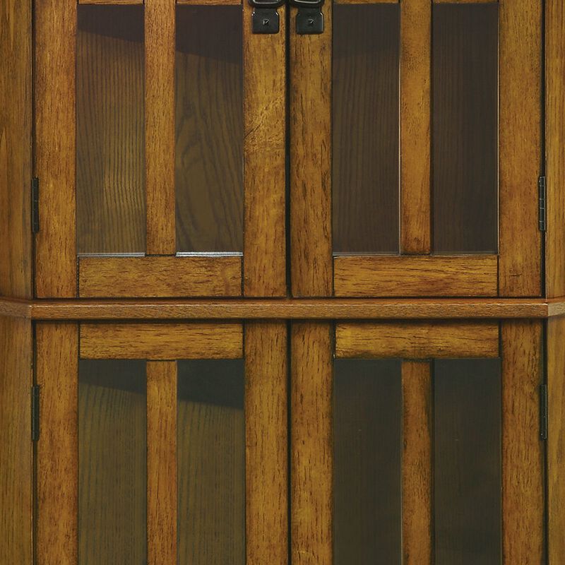 Corner Curio Cabinet With Windowpane Style Door Fronts, Brown-Benzara