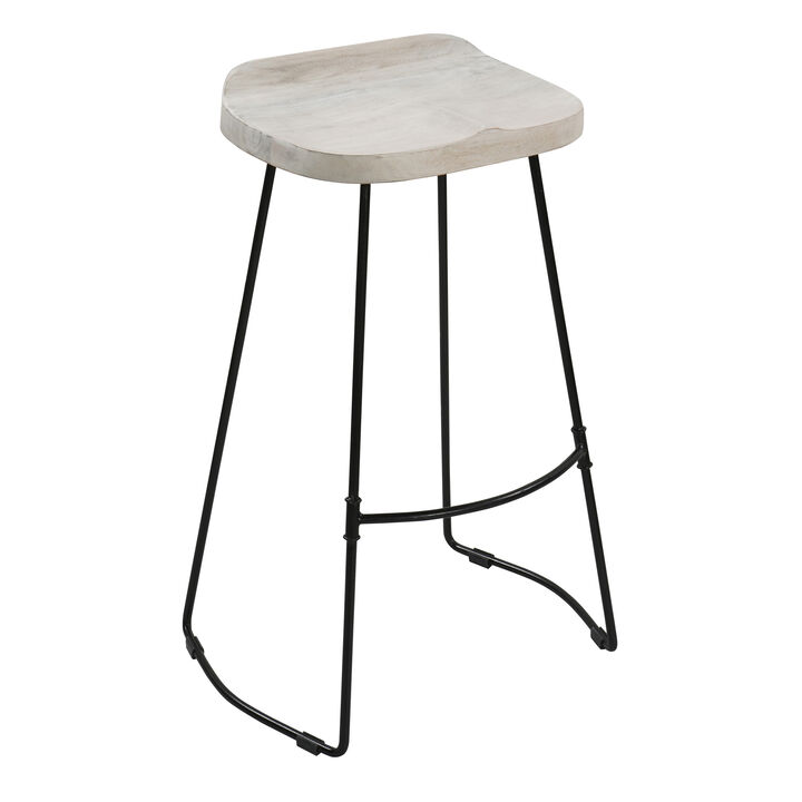Tiva 30 Inch Handcrafted Backless Barstool, Whitewashed Mango Wood Saddle Seat, Black Metal Base-Benzara