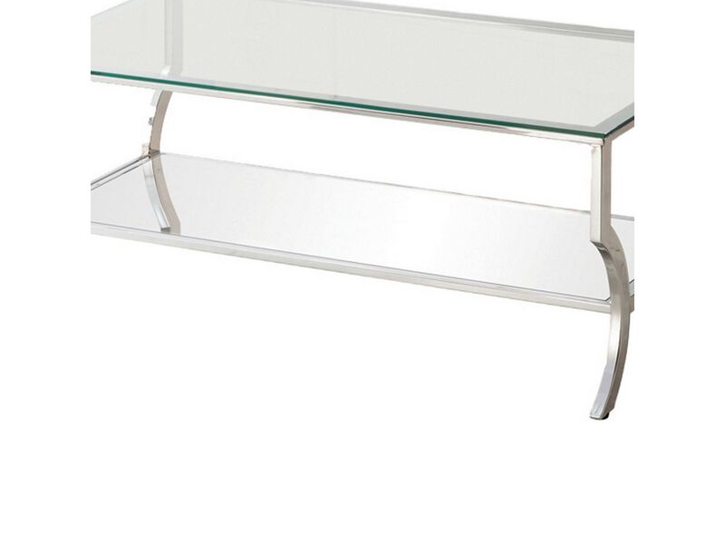 Glass Top Coffee Table with Metal Frame and Mirror Shelf, Chrome - Benzara