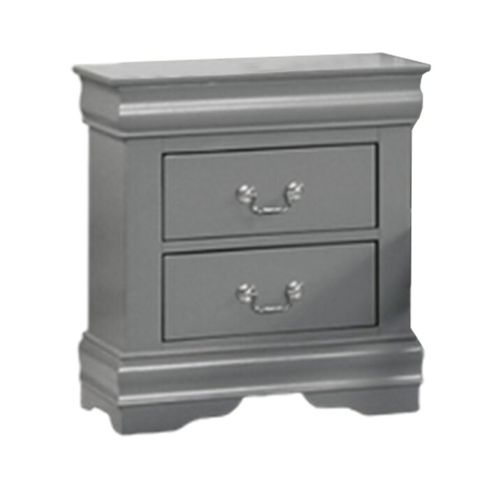 Ryla Nightstand, 2 Drawers, Light Gray Solid Wood, Nickel Drop Handles