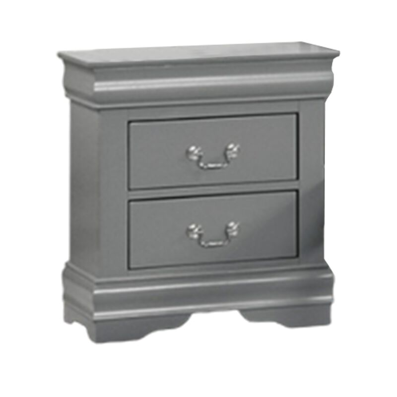 Ryla Nightstand, 2 Drawers, Light Gray Solid Wood, Nickel Drop Handles