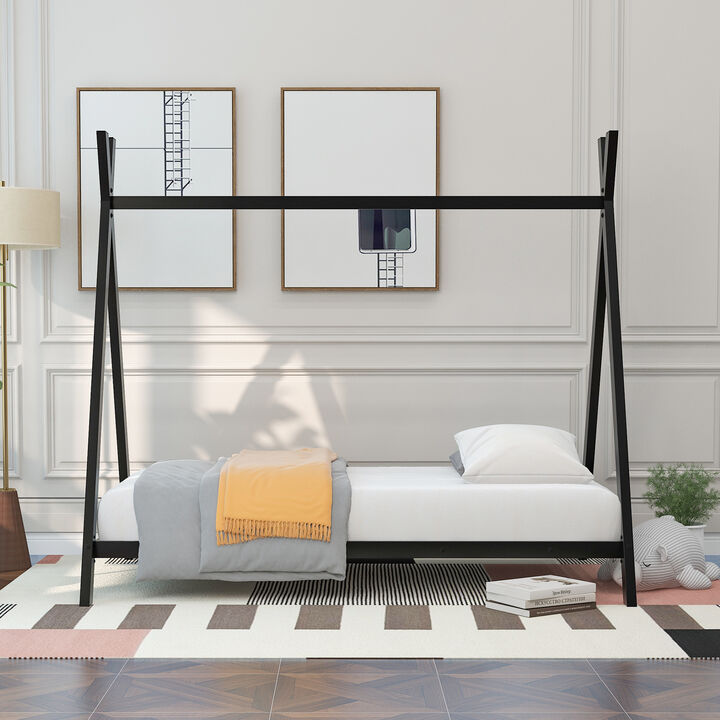 Wooden House Bed Frame with Canopy Tent for Kids & Toddlers Stylish Montessori Floor Bed