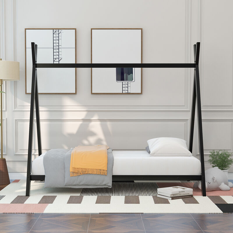 Wooden House Bed Frame with Canopy Tent for Kids & Toddlers Stylish Montessori Floor Bed