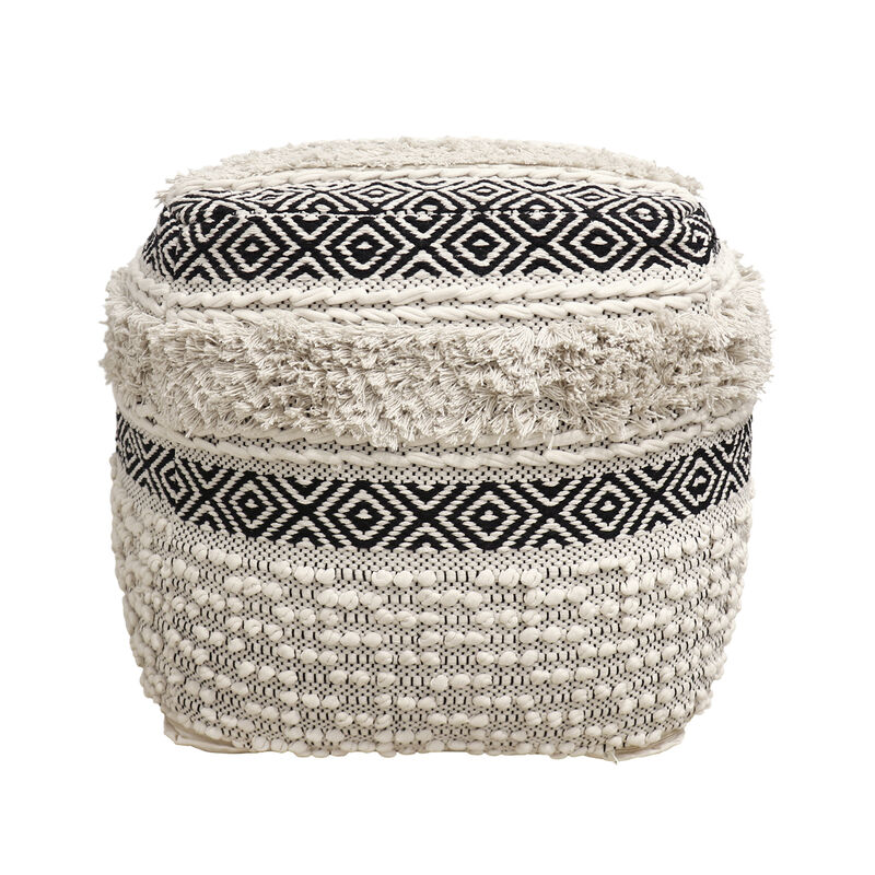 Pasargad Home Grandcanyon Hand Woven 100% Cotton Pouf, Ivory/Black